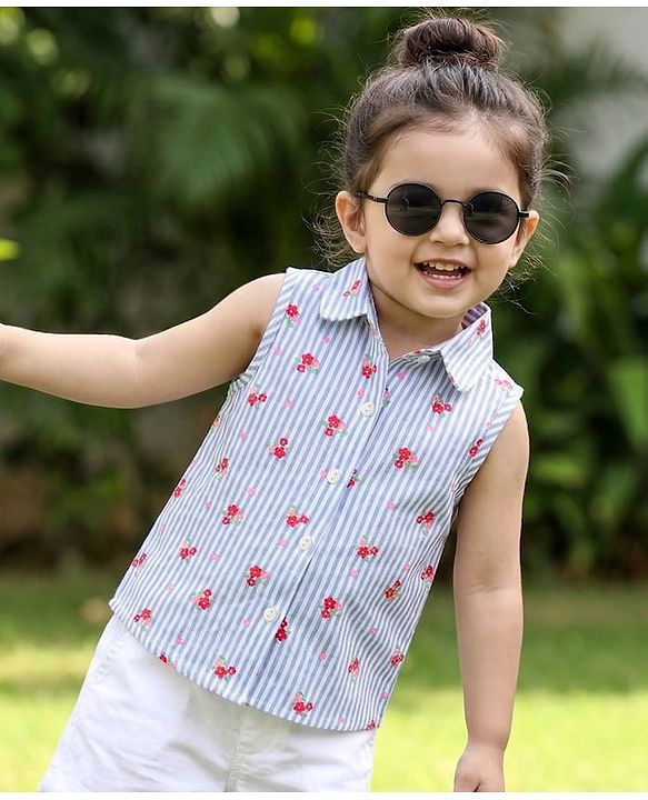 Babyhug Seer-Sucker Woven Sleeveless Striped Top with Floral Print - Multicolor