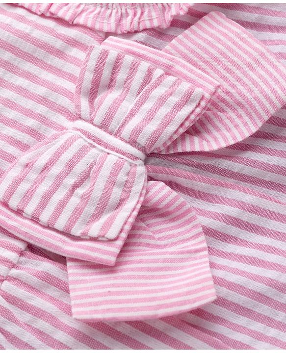 Babyhug Cotton Woven Frill Sleeves Striped Top with Bow Detailing - Pink