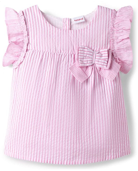 Babyhug Cotton Woven Frill Sleeves Striped Top with Bow Detailing - Pink