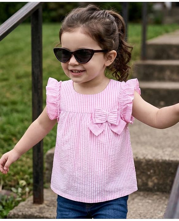 Babyhug Cotton Woven Frill Sleeves Striped Top with Bow Detailing - Pink