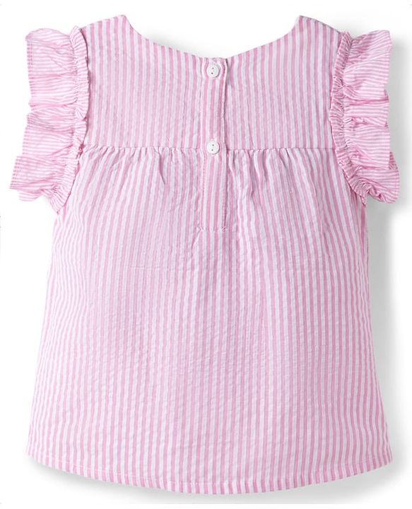 Babyhug Cotton Woven Frill Sleeves Striped Top with Bow Detailing - Pink