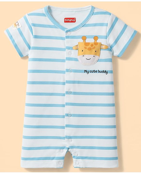 Babyhug 100% Cotton Knit Half Sleeves Striped Romper with Giraffe Print & Cap - Multicolor