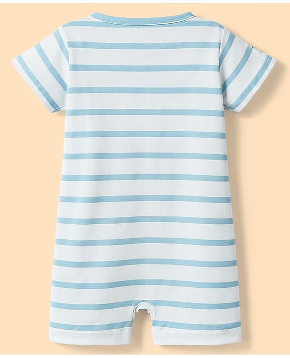Babyhug 100% Cotton Knit Half Sleeves Striped Romper with Giraffe Print & Cap - Multicolor