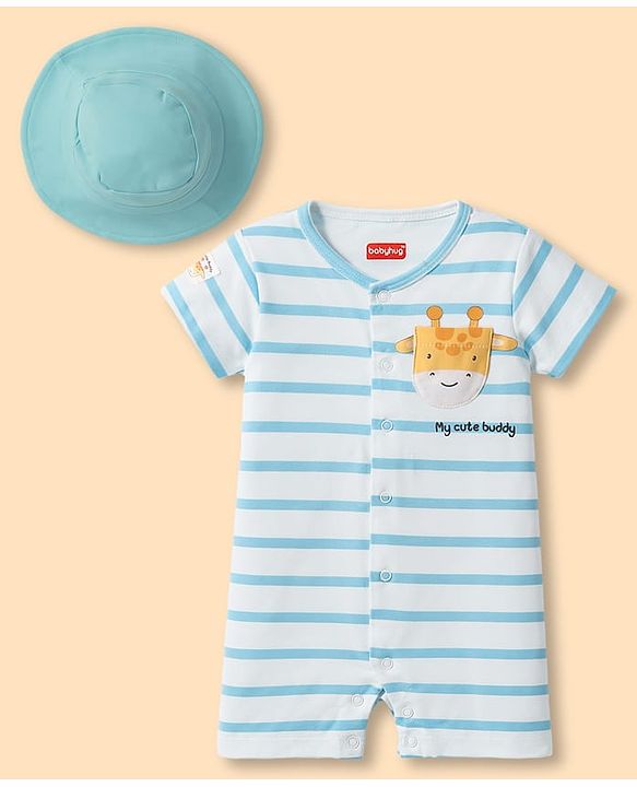 Babyhug 100% Cotton Knit Half Sleeves Striped Romper with Giraffe Print & Cap - Multicolor
