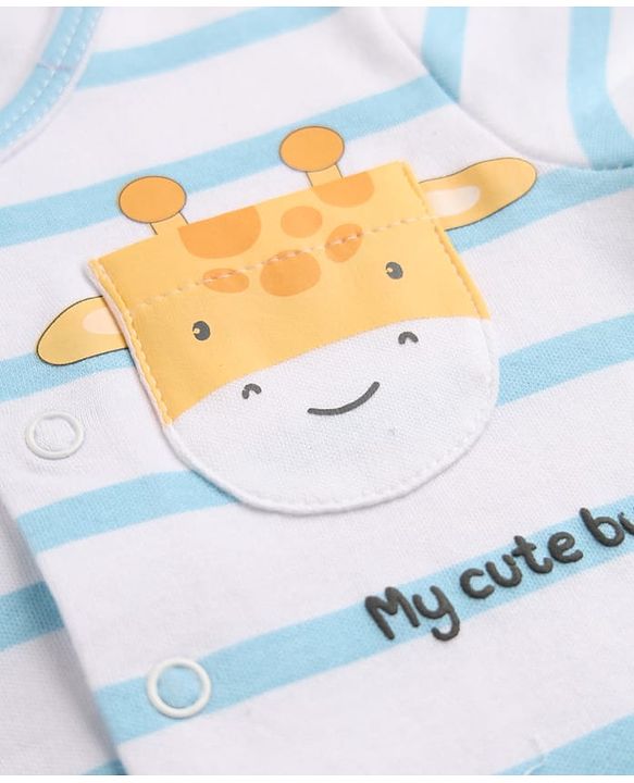Babyhug 100% Cotton Knit Half Sleeves Striped Romper with Giraffe Print & Cap - Multicolor
