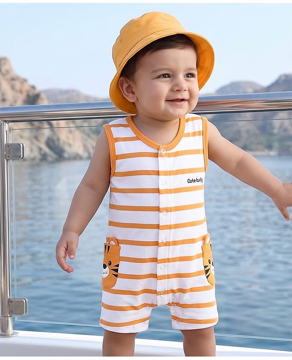 Babyhug 100% Cotton Interlock Knit Sleeveless Striped Romper & Cap With Lion Print - Multicolor