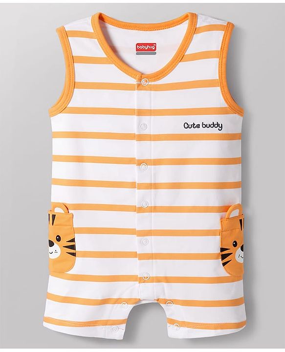 Babyhug 100% Cotton Interlock Knit Sleeveless Striped Romper & Cap With Lion Print - Multicolor