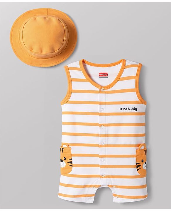 Babyhug 100% Cotton Interlock Knit Sleeveless Striped Romper & Cap With Lion Print - Multicolor