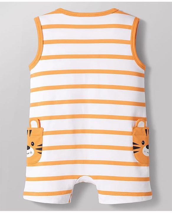 Babyhug 100% Cotton Interlock Knit Sleeveless Striped Romper & Cap With Lion Print - Multicolor