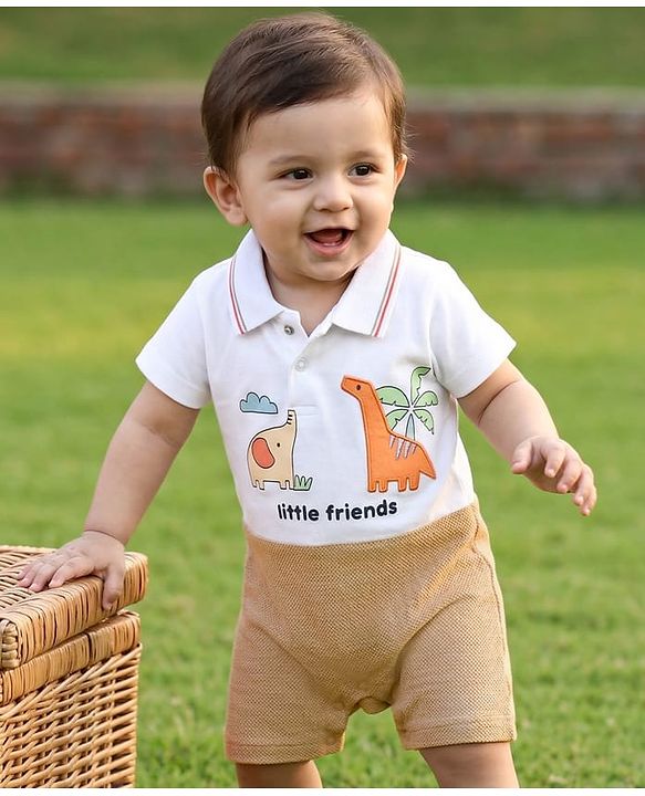 Babyhug 100% Cotton Interlock Knit Half Sleeves Romper with Dino Patch - White & Brown