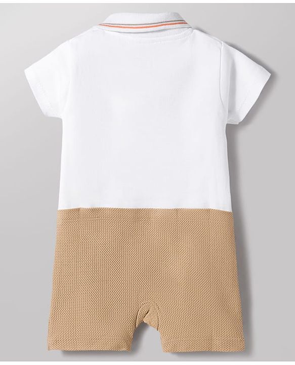 Babyhug 100% Cotton Interlock Knit Half Sleeves Romper with Dino Patch - White & Brown