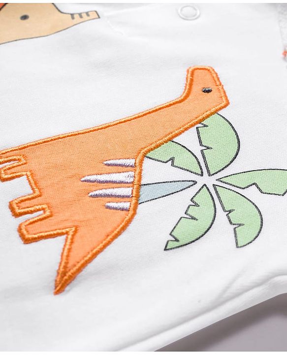 Babyhug 100% Cotton Interlock Knit Half Sleeves Romper with Dino Patch - White & Brown