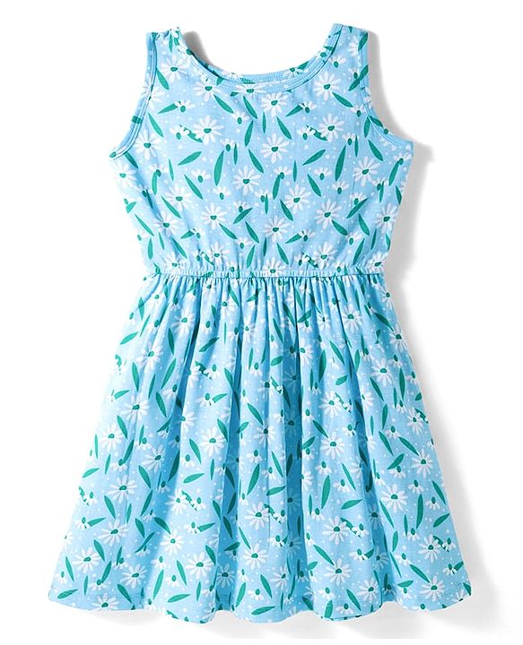 Pine Kids Cotton Knit Sleeveless Fit & Flared Frock with Floral Print- Light Blue