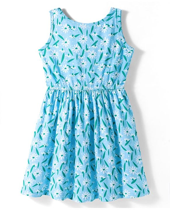 Pine Kids Cotton Knit Sleeveless Fit & Flared Frock with Floral Print- Light Blue