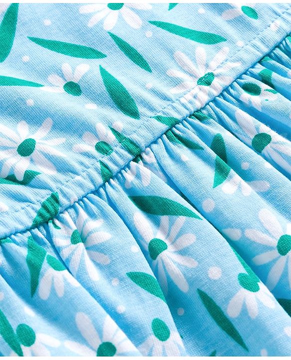 Pine Kids Cotton Knit Sleeveless Fit & Flared Frock with Floral Print- Light Blue