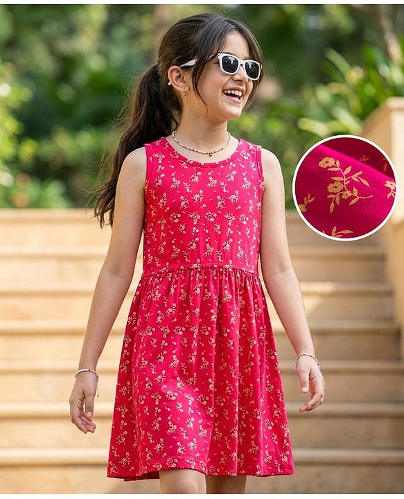 Pine Kids 100% Cotton Knit Sleeveless Floral Printed Frock - Red