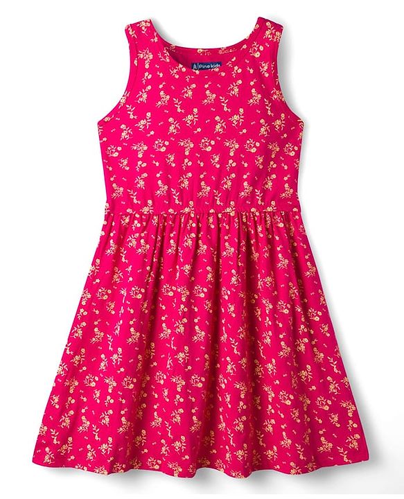 Pine Kids 100% Cotton Knit Sleeveless Floral Printed Frock - Red