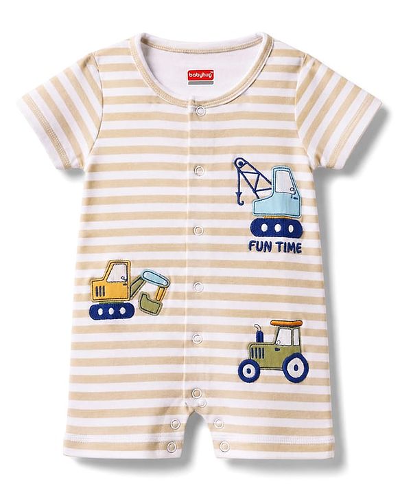 Babyhug 100% Cotton Knit Half Sleeves Striped & Vehicles Embroidered Romper - Multicolor