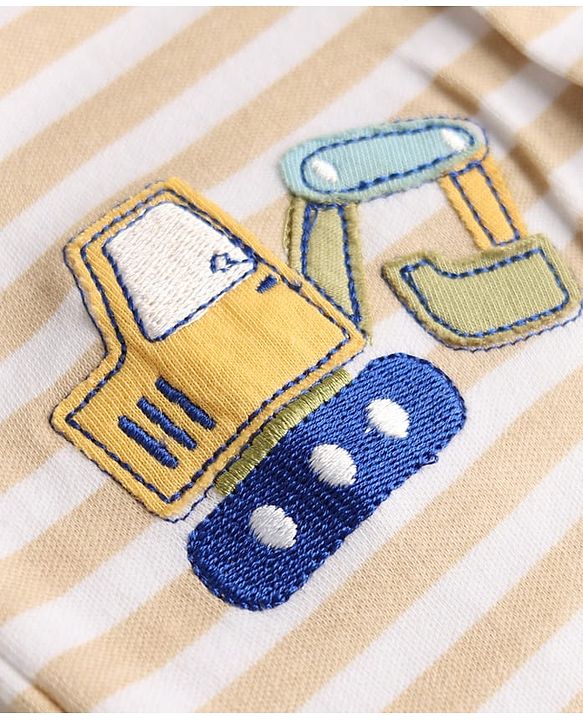 Babyhug 100% Cotton Knit Half Sleeves Striped & Vehicles Embroidered Romper - Multicolor