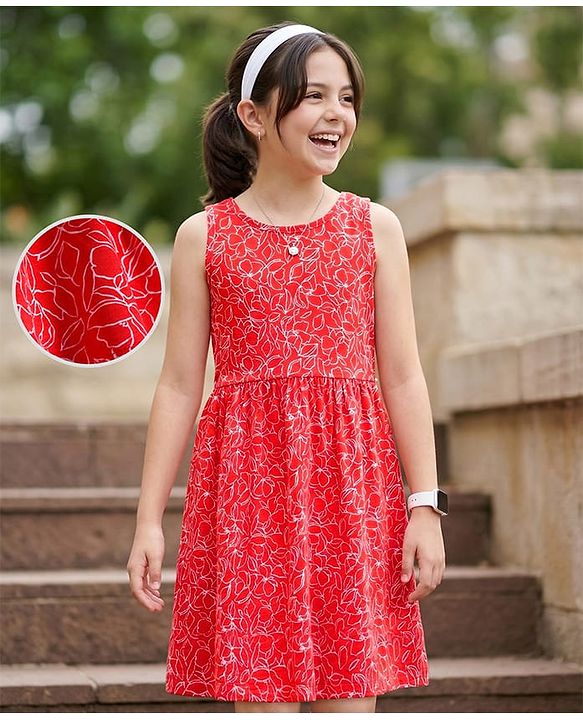 Pine Kids Cotton Knit Sleeveless Frock with Floral Print - Red