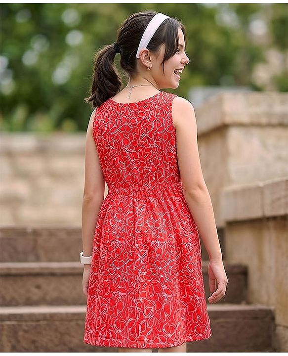 Pine Kids Cotton Knit Sleeveless Frock with Floral Print - Red