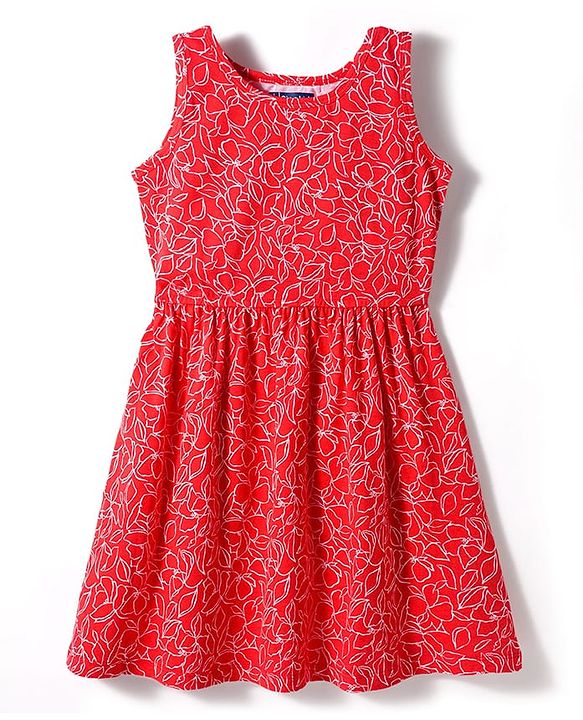 Pine Kids Cotton Knit Sleeveless Frock with Floral Print - Red