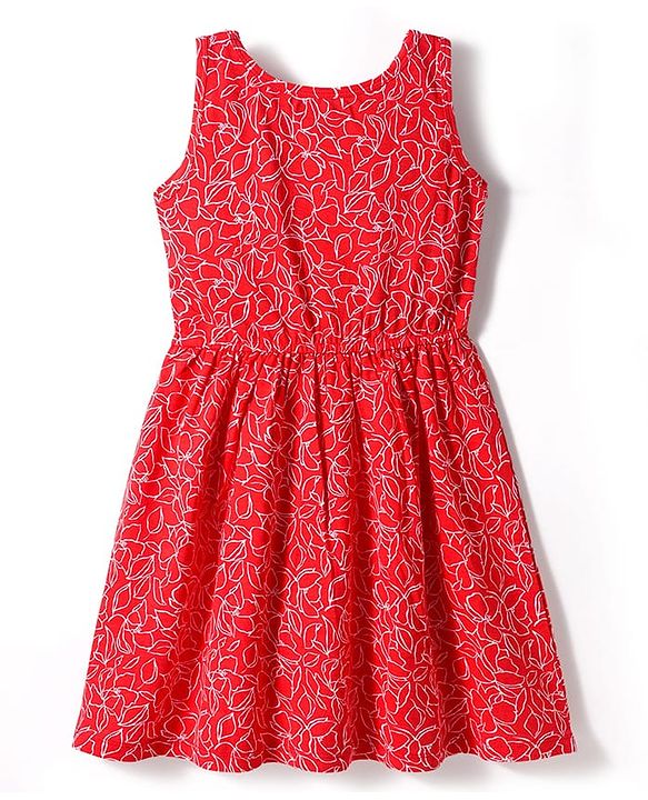 Pine Kids Cotton Knit Sleeveless Frock with Floral Print - Red