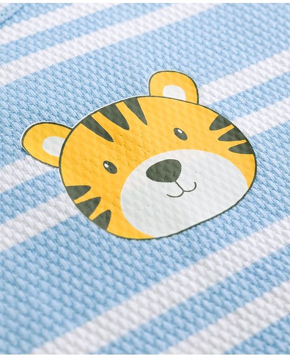 Babyhug 100% Cotton Knit Half Sleeves Striped Romper with Tiger Print - Multicolor
