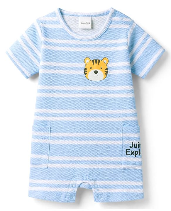 Babyhug 100% Cotton Knit Half Sleeves Striped Romper with Tiger Print - Multicolor