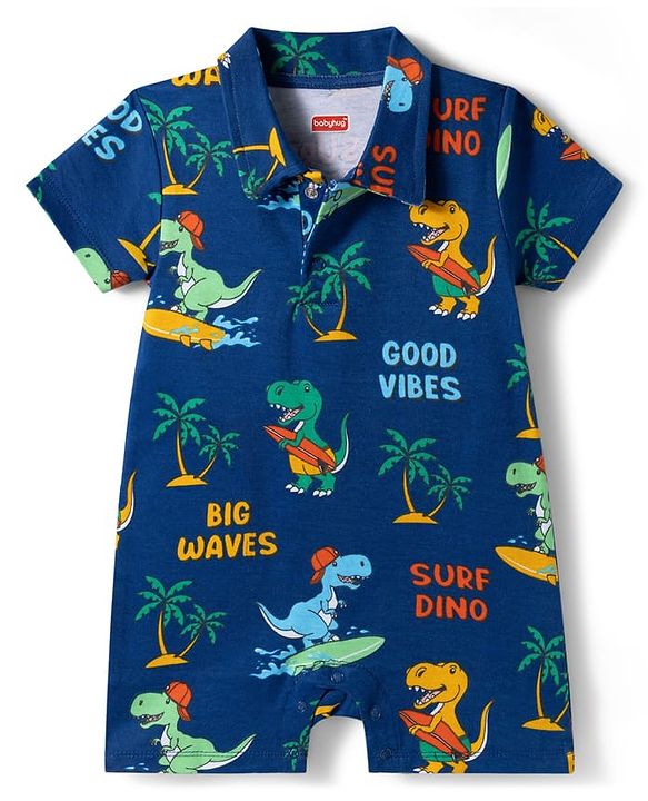 Babyhug 100% Cotton Knit Half Sleeves Romper with Beach Theme Print - Navy Blue