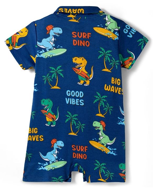 Babyhug 100% Cotton Knit Half Sleeves Romper with Beach Theme Print - Navy Blue