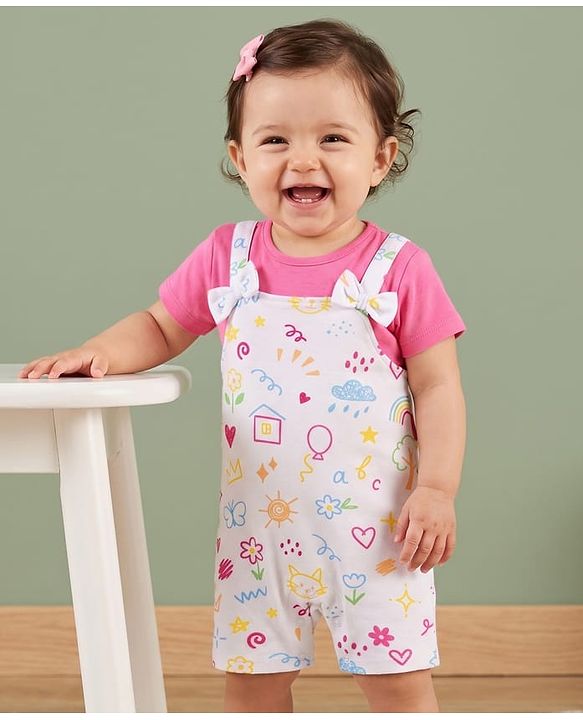 Babyhug 100% Cotton Knit Half Sleeves Dungaree Style Romper with Tropical Theme Print & Bow Applique - Multicolor