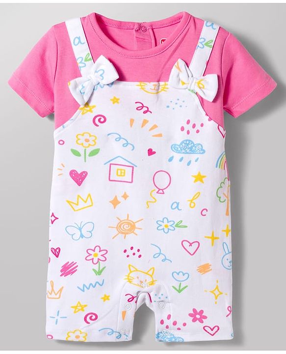 Babyhug 100% Cotton Knit Half Sleeves Dungaree Style Romper with Tropical Theme Print & Bow Applique - Multicolor