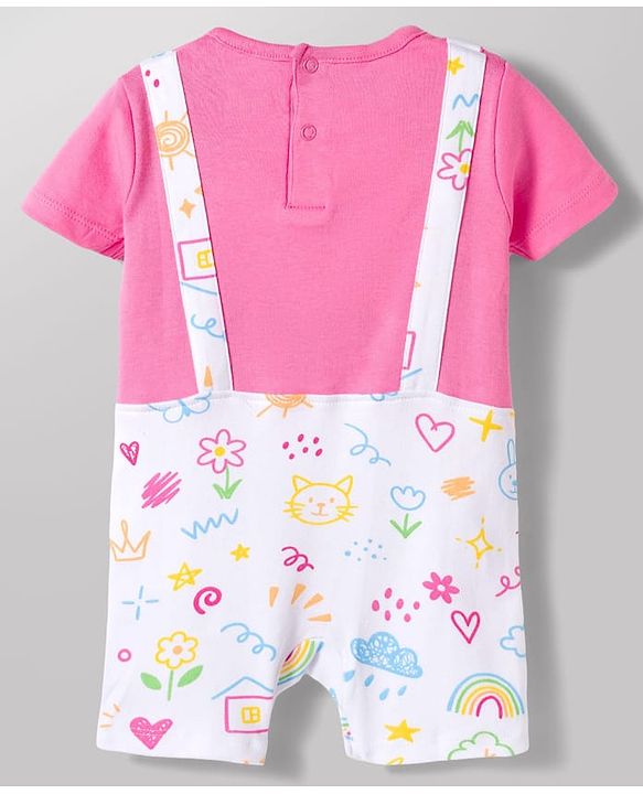 Babyhug 100% Cotton Knit Half Sleeves Dungaree Style Romper with Tropical Theme Print & Bow Applique - Multicolor