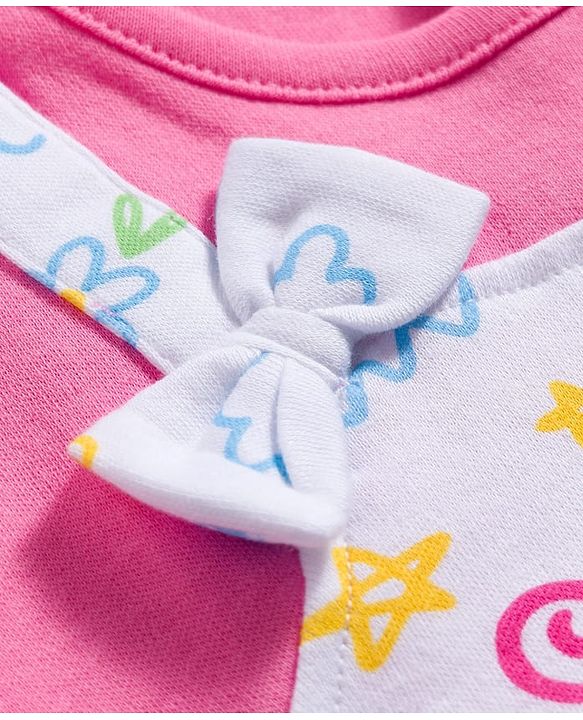 Babyhug 100% Cotton Knit Half Sleeves Dungaree Style Romper with Tropical Theme Print & Bow Applique - Multicolor