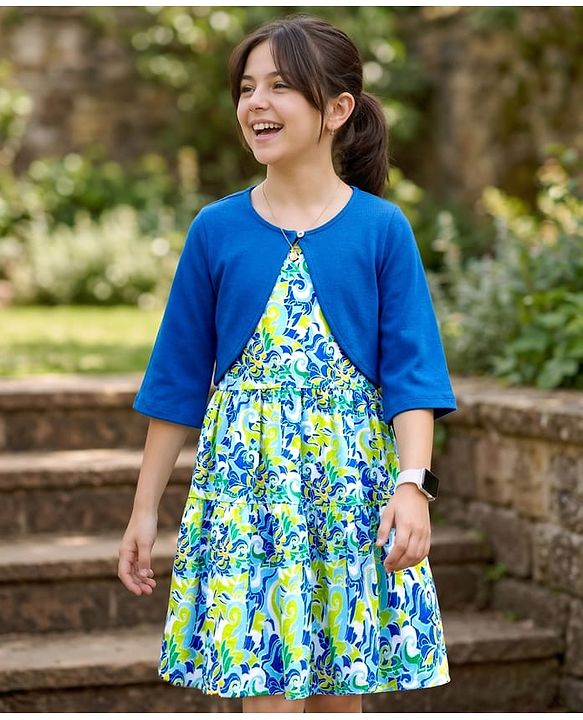 Pine Kids Cotton Knit Floral Printed Frock with Half Sleeves Jacket - Multicolor