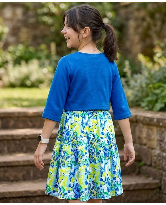 Pine Kids Cotton Knit Floral Printed Frock with Half Sleeves Jacket - Multicolor