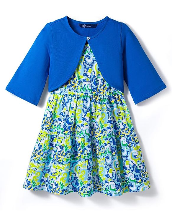 Pine Kids Cotton Knit Floral Printed Frock with Half Sleeves Jacket - Multicolor