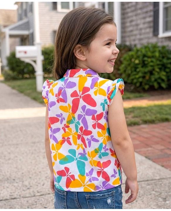 Babyhug Rayon Woven Half Frill Sleeves Butterfly Printed Top - Multicolour