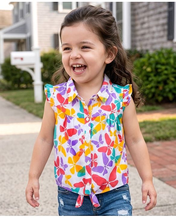 Babyhug Rayon Woven Half Frill Sleeves Butterfly Printed Top - Multicolour