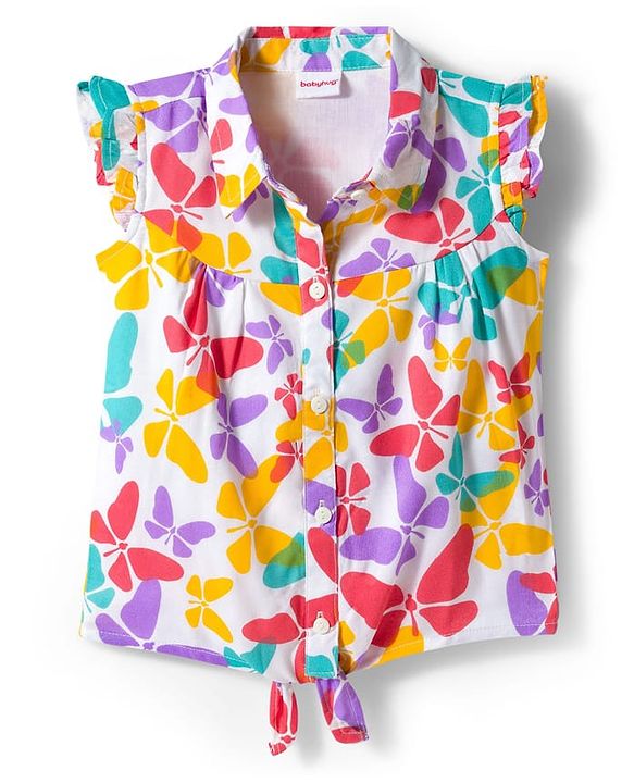 Babyhug Rayon Woven Half Frill Sleeves Butterfly Printed Top - Multicolour