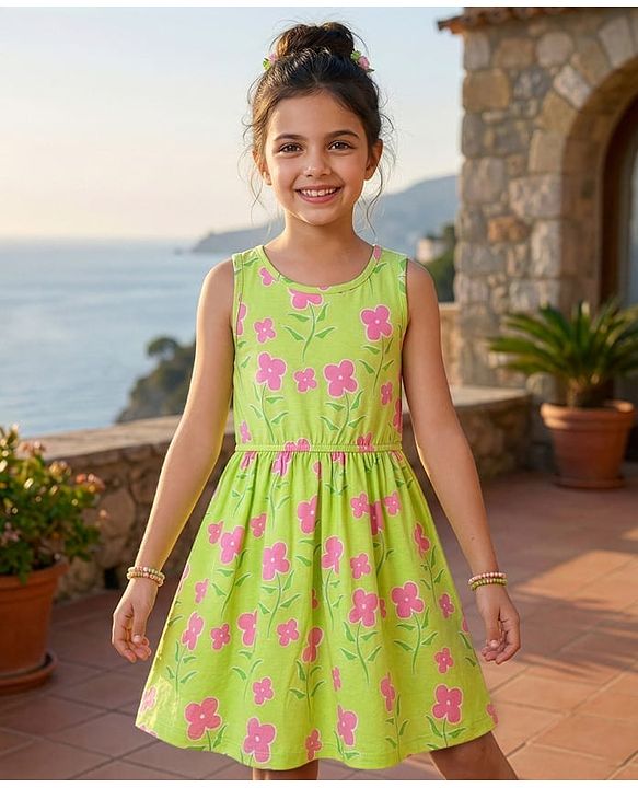 Pine Kids Cotton Knit Sleeveless Frock with Floral Print - Light Green