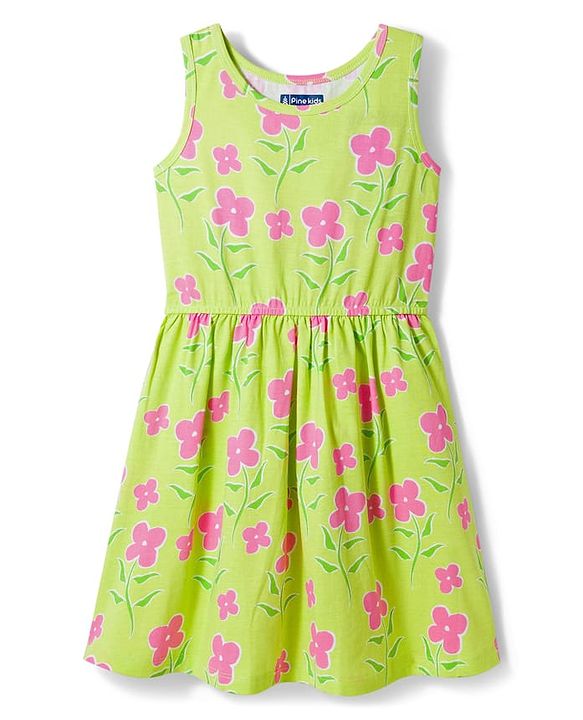 Pine Kids Cotton Knit Sleeveless Frock with Floral Print - Light Green