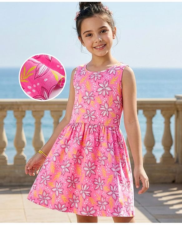Pine Kids Cotton Knit Sleeveless Frock with Floral Print - Pink