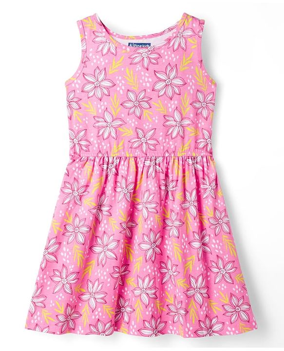 Pine Kids Cotton Knit Sleeveless Frock with Floral Print - Pink
