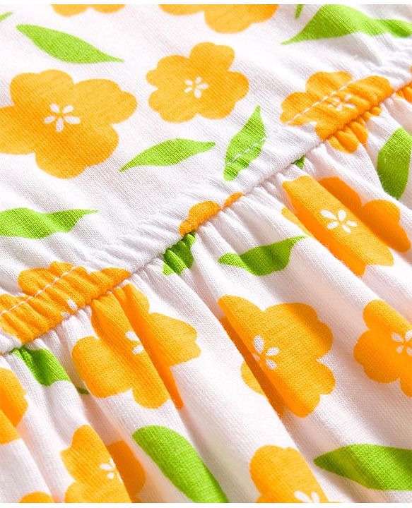 Pine Kids Cotton Knit Sleeveless Fit & Flared Frock with Floral Print- White & Orange