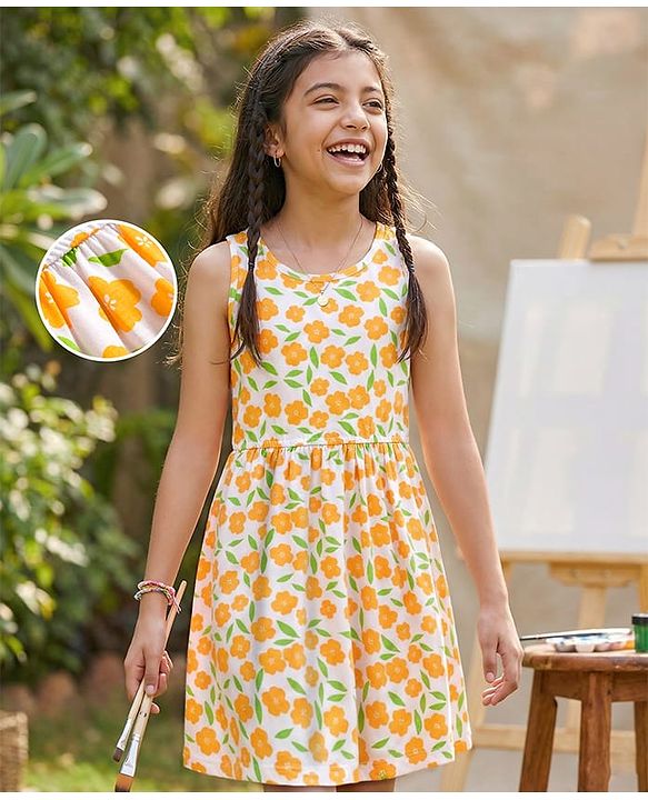 Pine Kids Cotton Knit Sleeveless Fit & Flared Frock with Floral Print- White & Orange