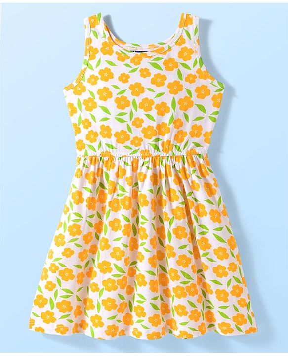 Pine Kids Cotton Knit Sleeveless Fit & Flared Frock with Floral Print- White & Orange