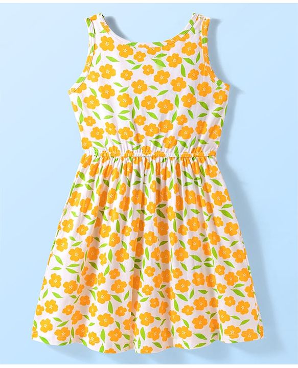 Pine Kids Cotton Knit Sleeveless Fit & Flared Frock with Floral Print- White & Orange