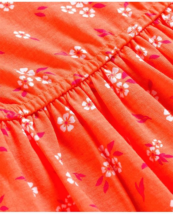 Pine Kids Cotton Knit Sleeveless Fit & Flared Frock with Floral Print- Orange